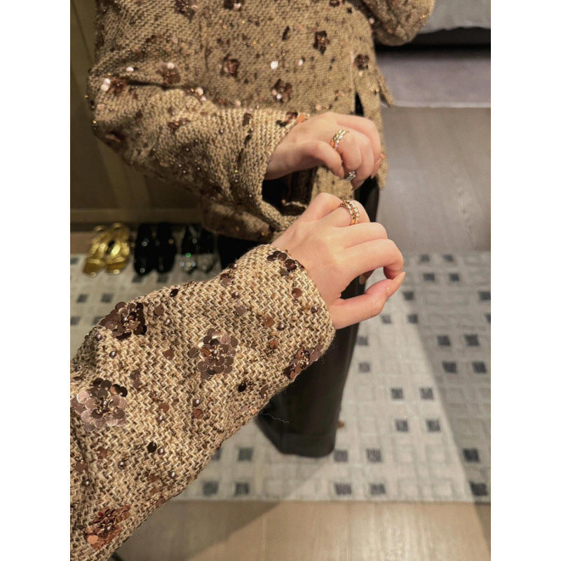 Gold Sequined Coat Tweed Padded Top