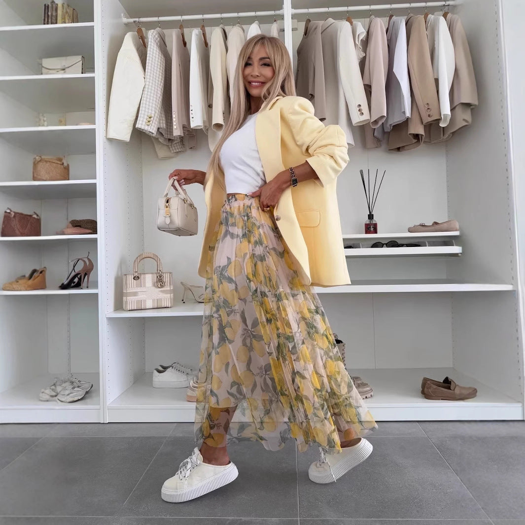 Summer New Mesh Lemon Printing Elastic Waist Large Swing Casual Skirt Women