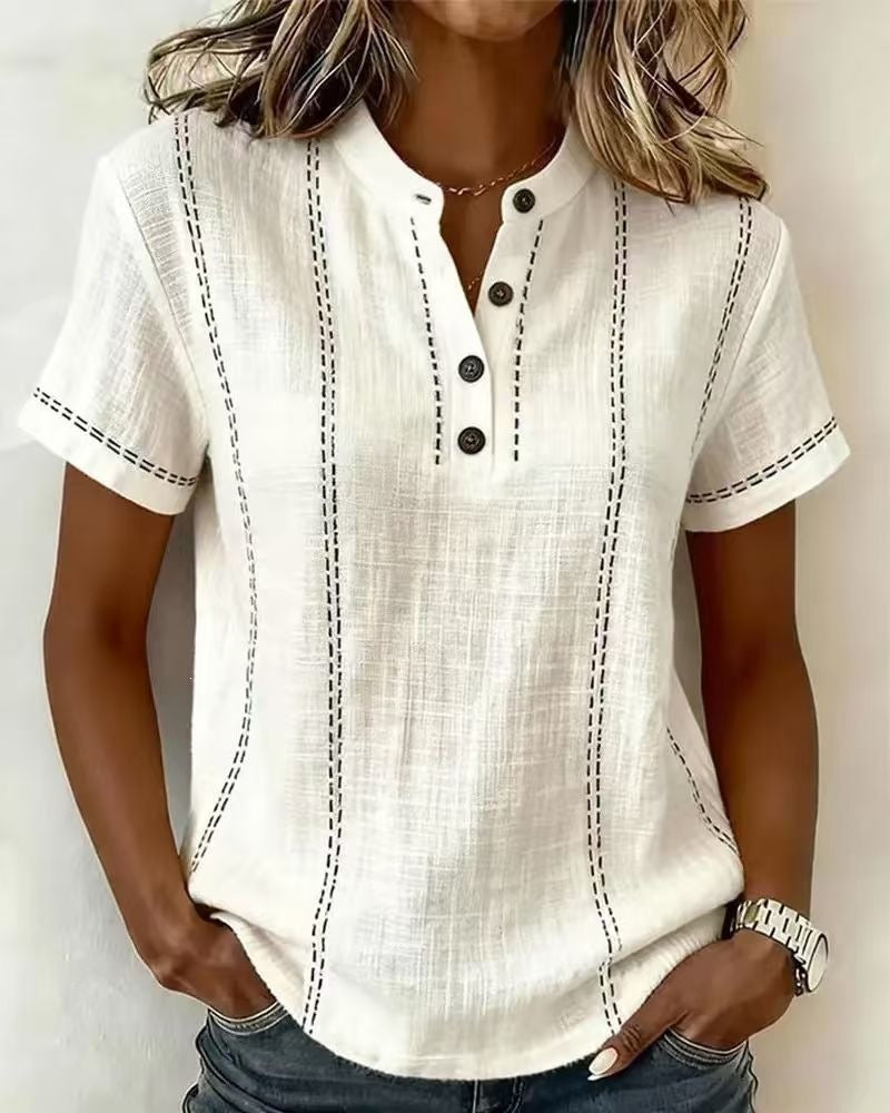 Casual Short-Sleeve Stand-Collar Solid-Color Patchwork Womens Shirt