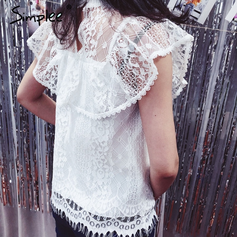 O neck lace hollow out women blouse shirt Embroidery ruffle lining elegant blouses female Summer party blouses and tops