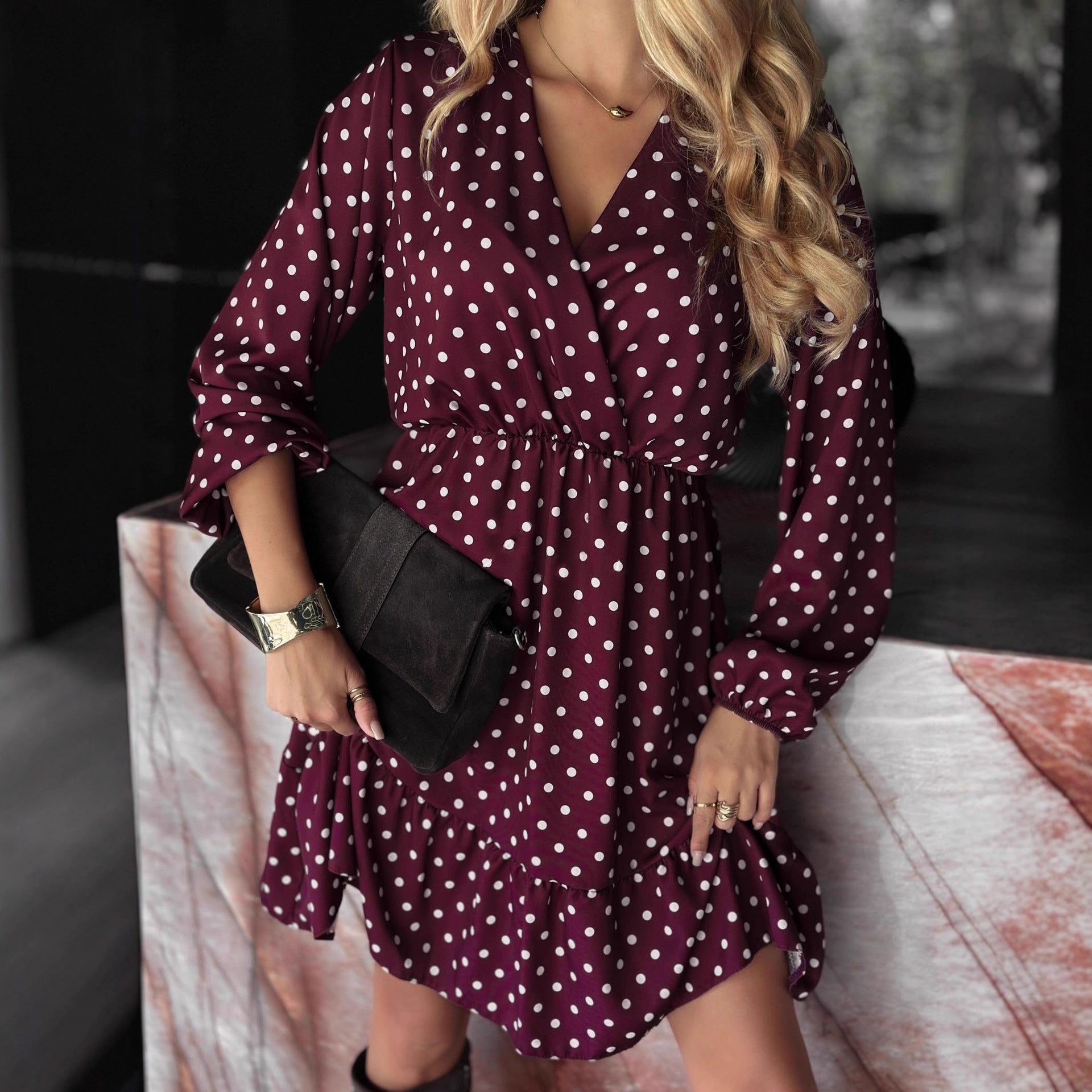 Womens Fashion Polka-Dot V-Neck Long-Sleeve Elastic-Waist Dress