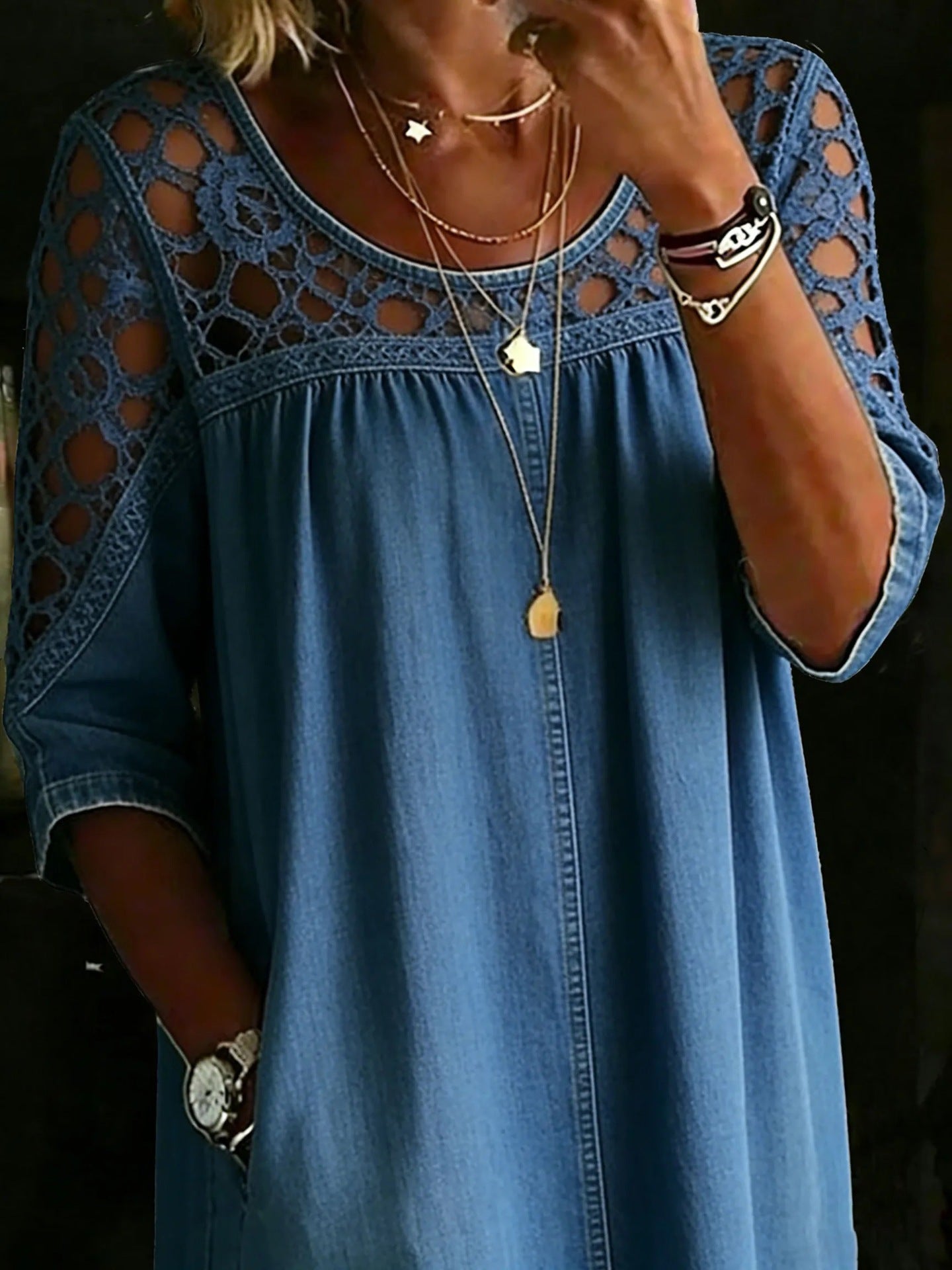 Loose-fitting Hollow-out Lace Womens Denim Shirt
