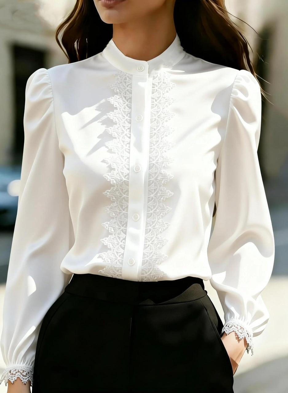 Satin Lace-Patchwork Stand-Collar Shirt Top For Women