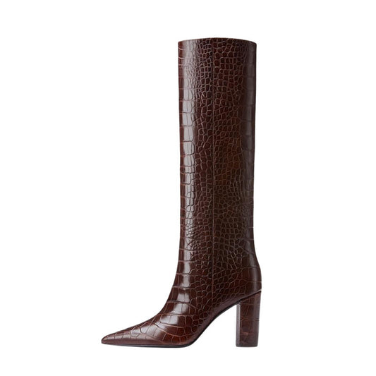 Nueva moda Otoño Invierno botas cálidas hasta la rodilla tacones altos sexis punta estrecha negro Beige vestido de fiesta señora Botas Largas