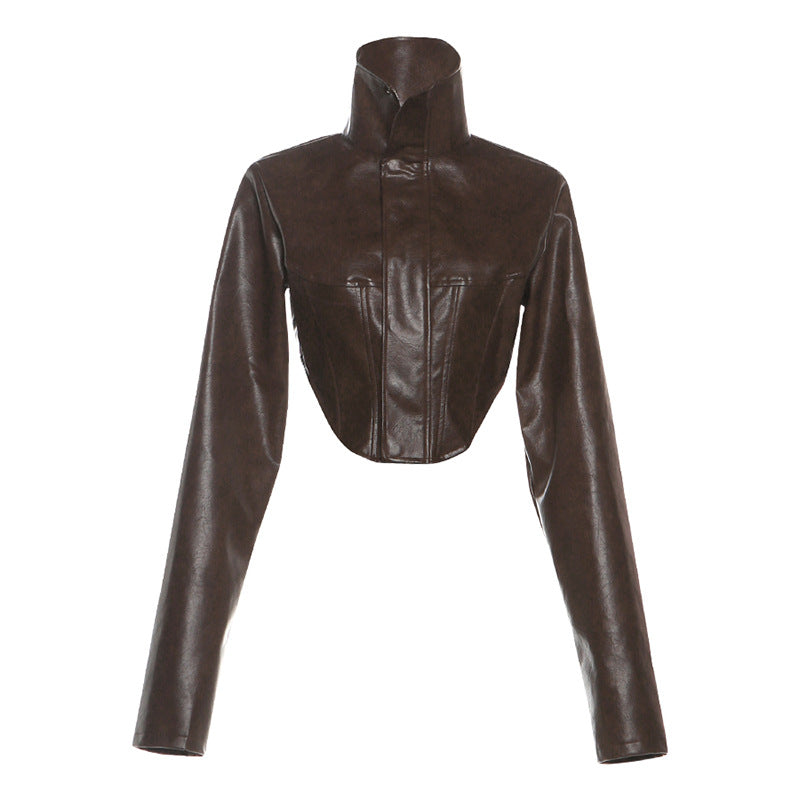 Solid-color High-neck Cropped Leather Jacket
