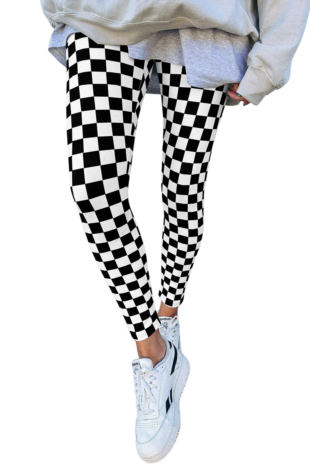 Gray Checkered Pattern High Waist Skinny Leggings