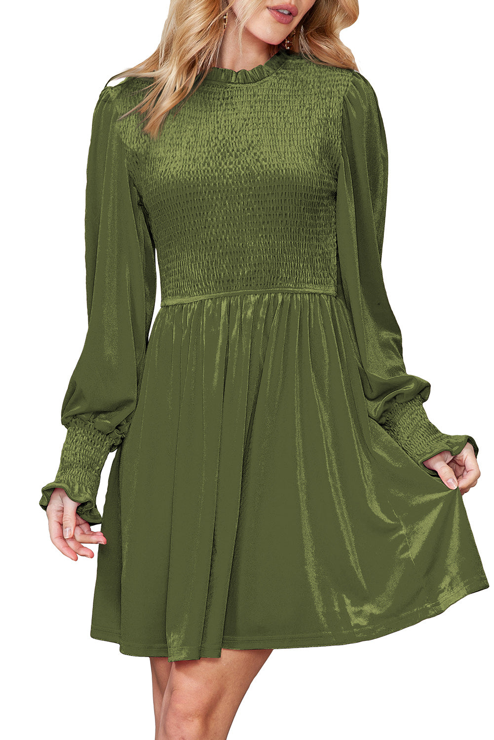 Green Smocked Lantern Sleeve Frilled Velvet Dress