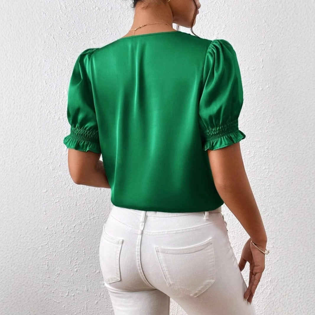 New Satin V-neck Buttons Casual Short-sleeved Ruffled Blouse