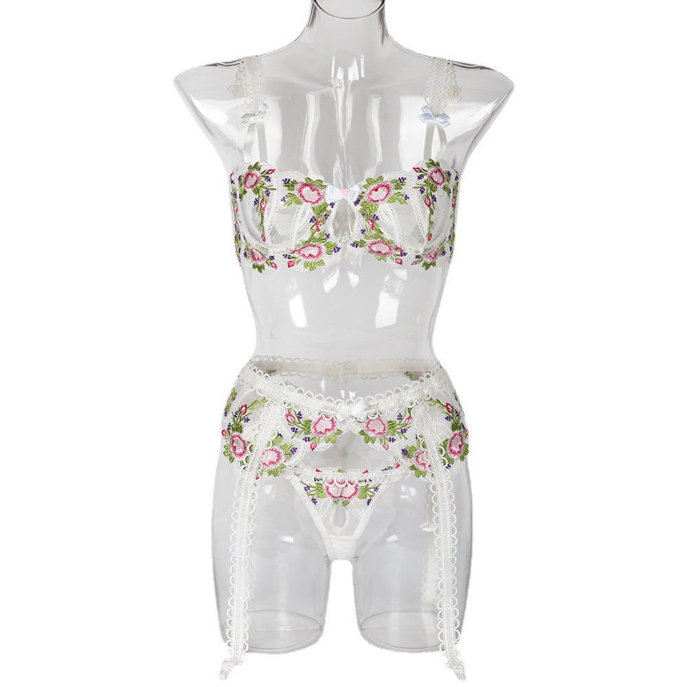 Sexy Three Piece Set Of Fashion Flowers High End Encrypted Embroidery High Quality Steel Ring Bow Underwear