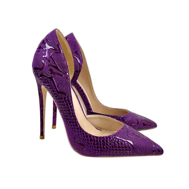 Purple high heeled shoes, pointed toe, thin heel, shallow mouth, side hollow single shoe for women's shoes