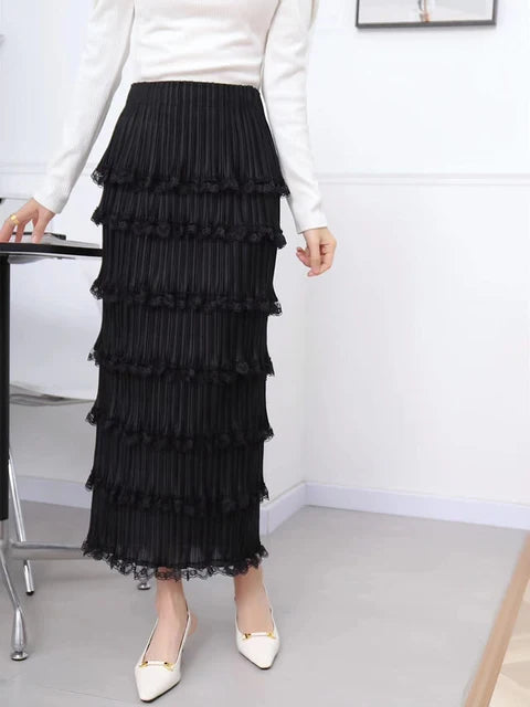 Autumn New Pleated Cake Skirt For Women High Elastic Waist Solid Color Wrap Hip Elegant Skirts Female Fashion