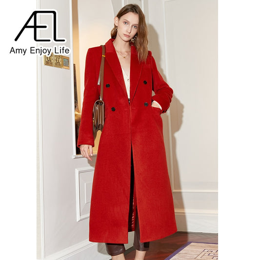 Red Double Breasted Vintage Loose Long Suit Woolen Coat