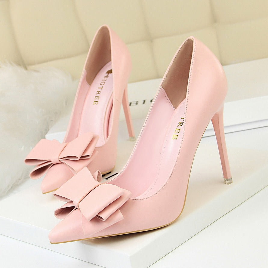 Sweet high heels, slim high heels, delicate and slim, shallow mouthed pointed bow sole shoes