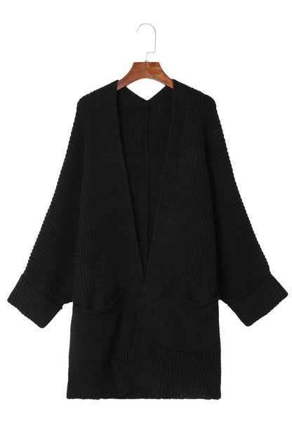 Black Batwing Sleeve Pocket Oversized Cable Knit Cardigan