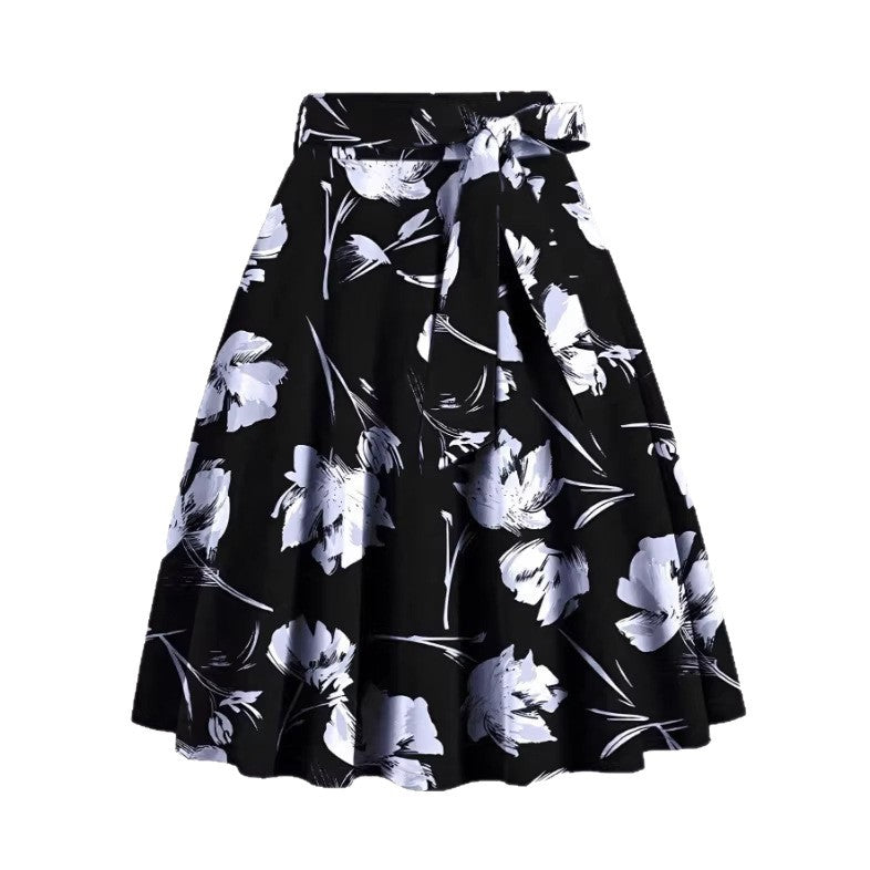 Black Floral Print Midi Skirt With Flower Pattern