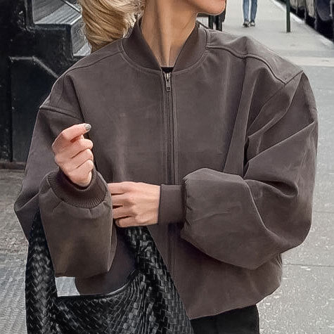 Suede American High Street Stand Collar Long Sleeve Bomber Zip Jacket