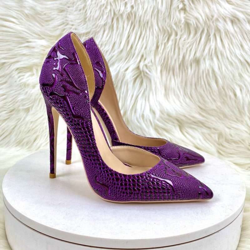 Purple high heeled shoes, pointed toe, thin heel, shallow mouth, side hollow single shoe for women's shoes