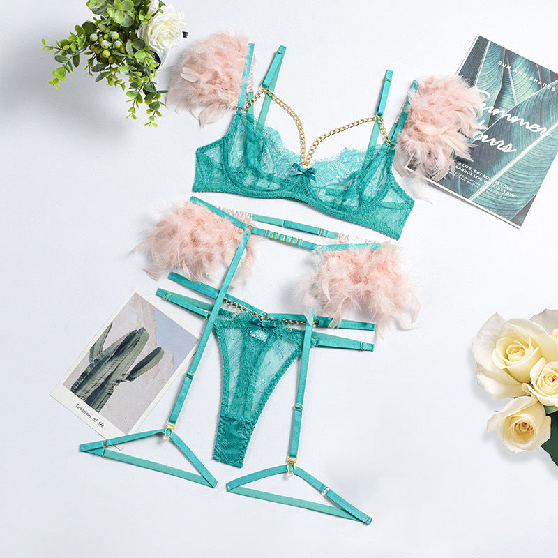 Sexy Lingerie Feather Lace Splicing Metal Chain Seductive Fitted Four-Piece Set