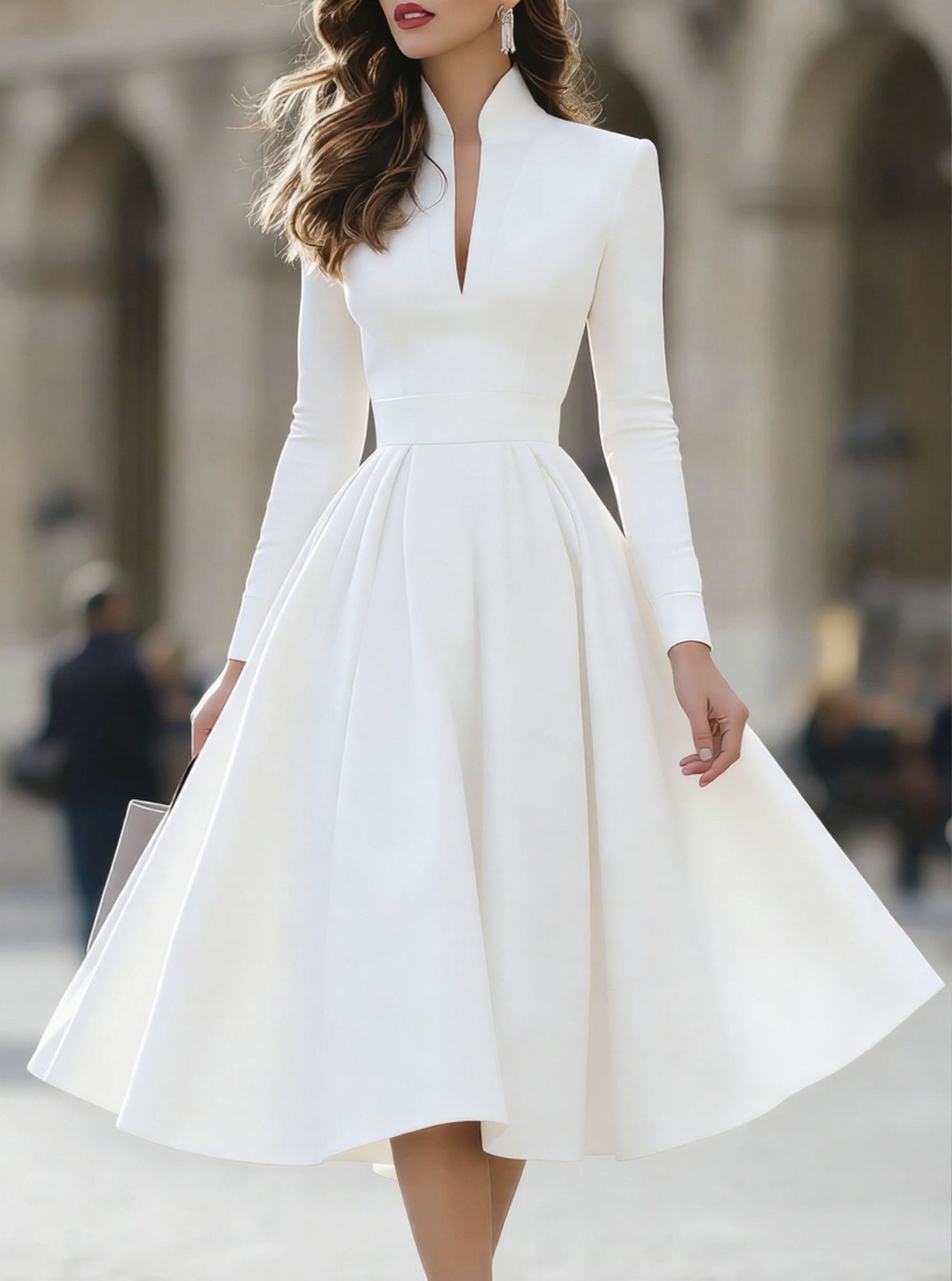 Stylish And Elegant V-neck Satin Long-sleeve Dress With A Tie Waist