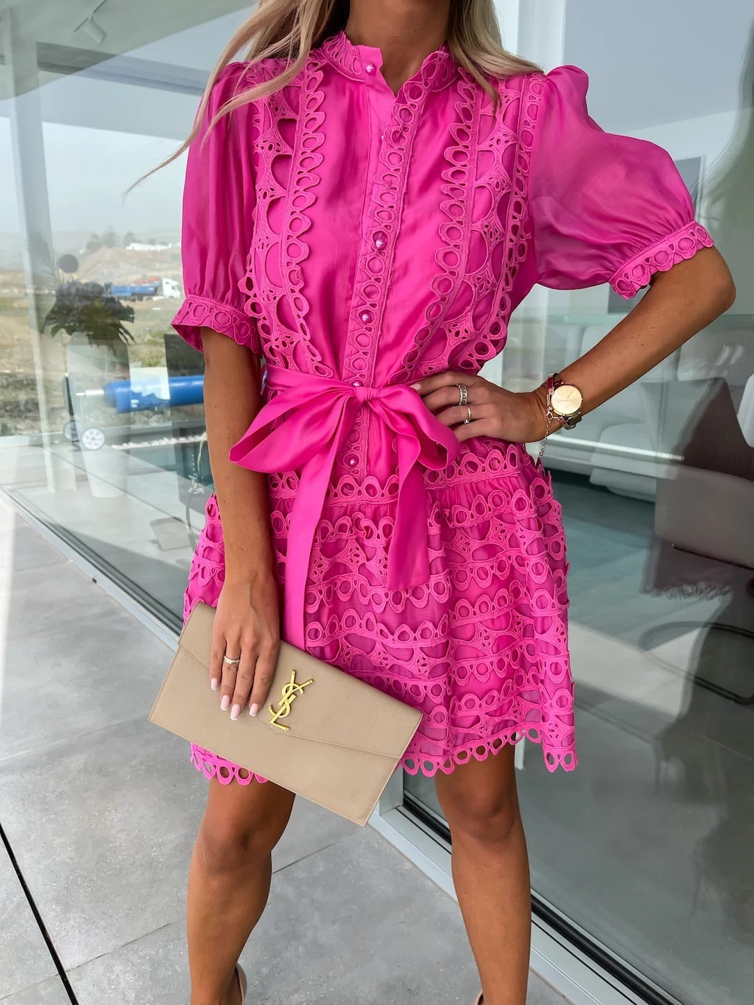 Fashion Lace Stitching Mini Dress For Women