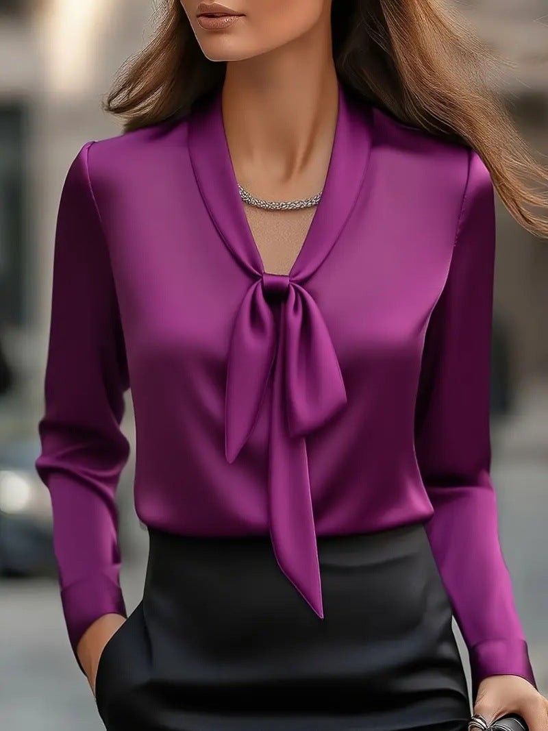 Fashionable Elegant Solid Color Tie Satin Long Sleeve Shirt