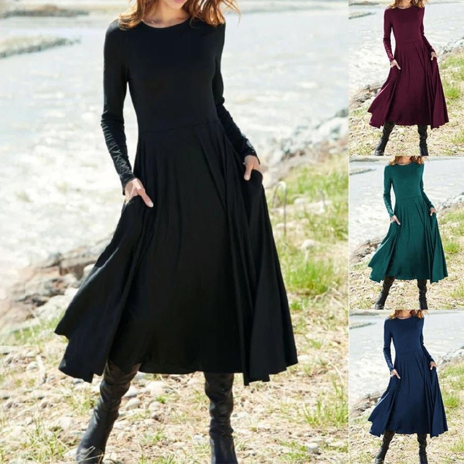 Long Sleeve Round Neck Solid Color Long Women's Clothing Dress