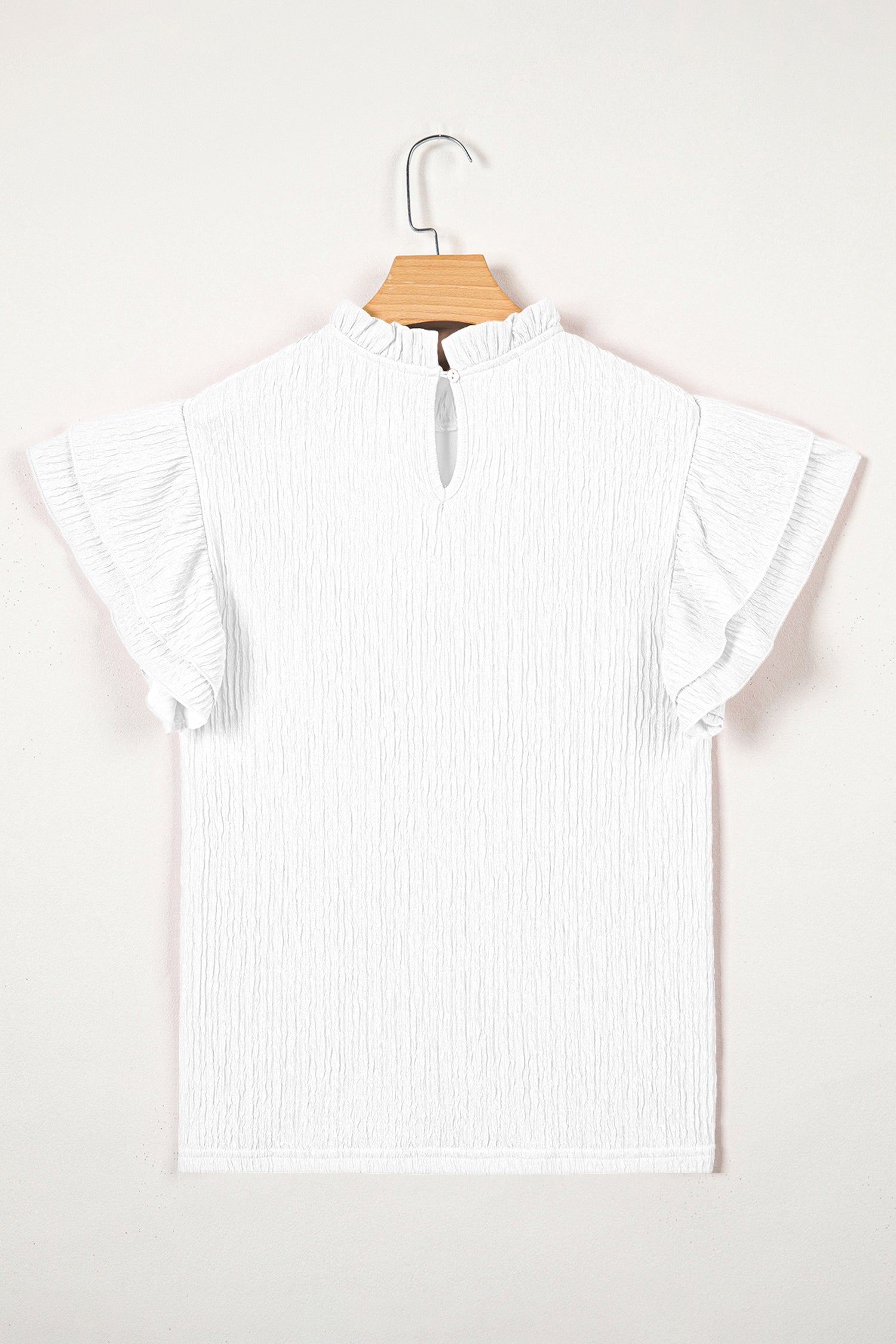 Black Solid Color Textured Ruffle Trim Short Sleeve Blouse