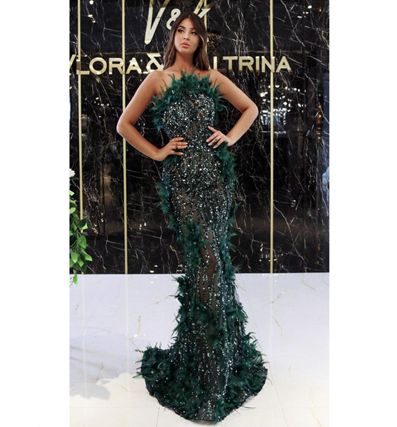 Formal Dresses For Women Luxury Green Feather Sleeveless Maxi Long Gowns Evening Party Dress Summer