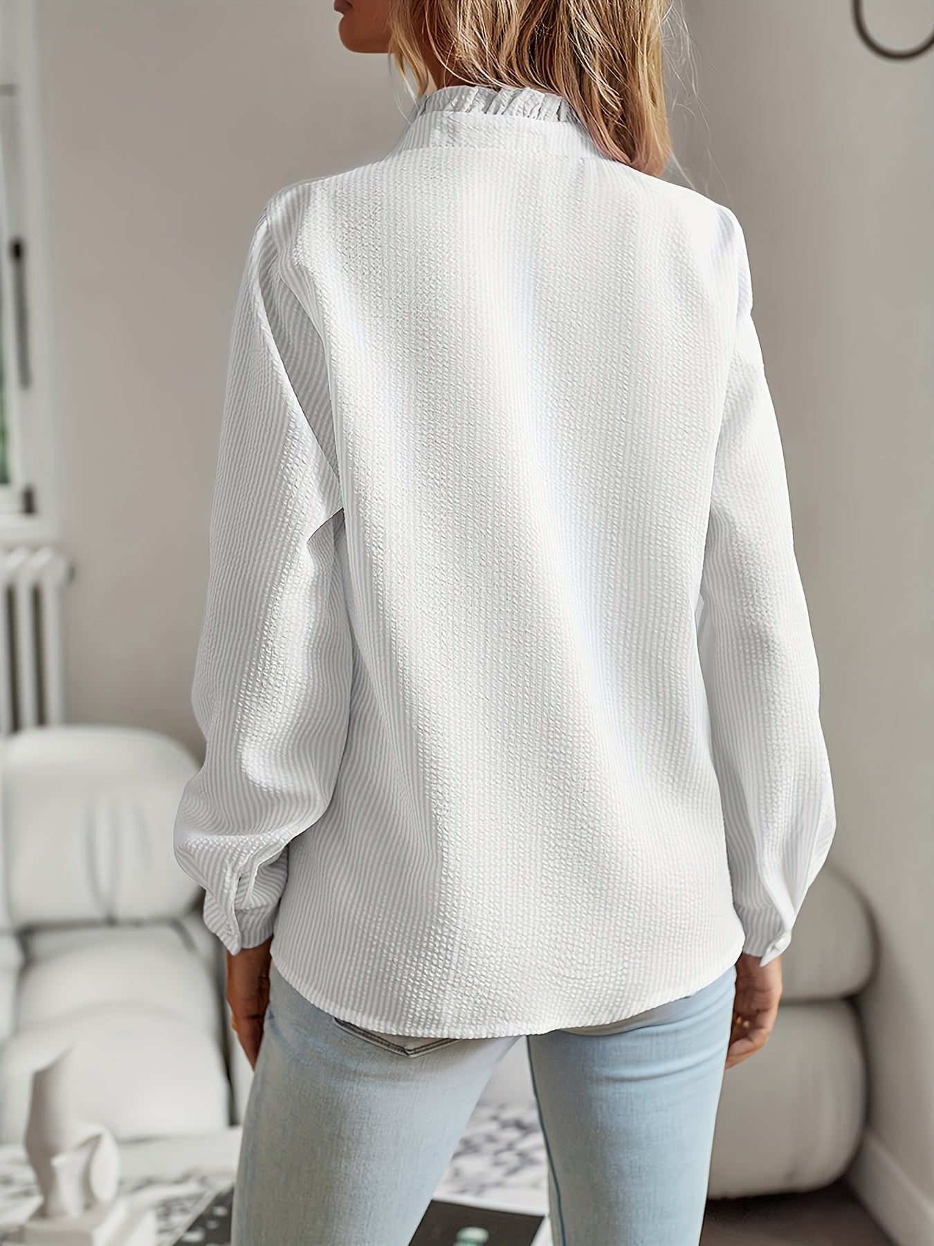 2026 New Western Style Cross-border Stand Collar Autumn Ruffled Cardigan Ruffle Long Sleeve Bubble Top Women's Shirt