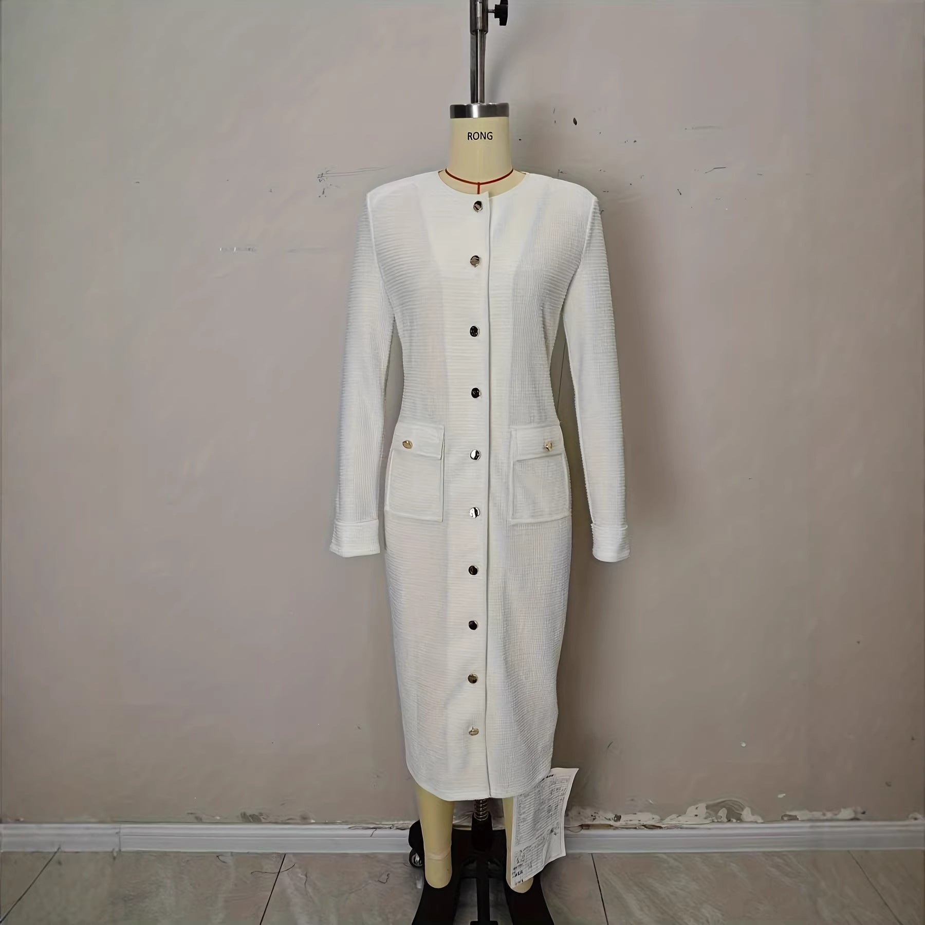 Elegant Off-white Tweed Long-sleeve Dress From Europe And The US