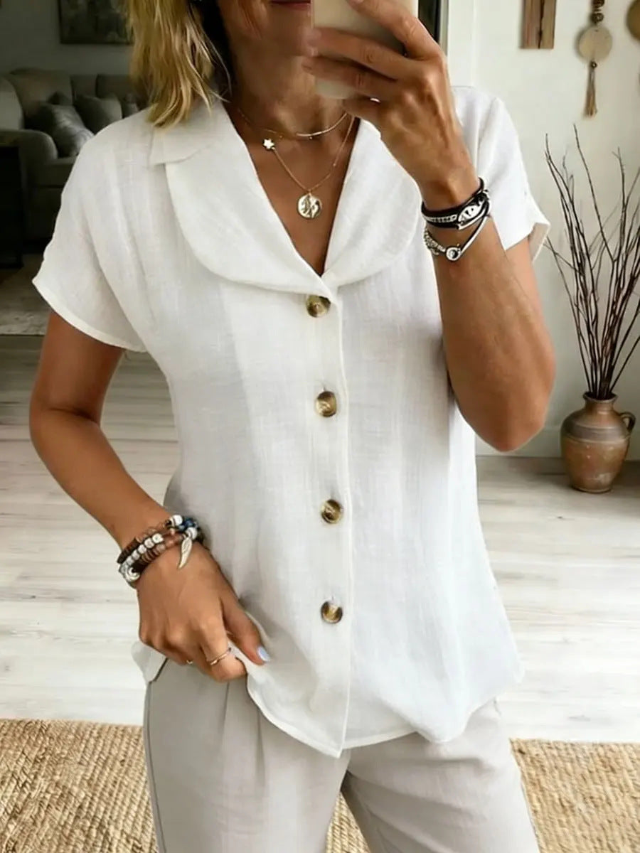 Womens Button-Down Loose Solid-Colored Short-Sleeve Shirt