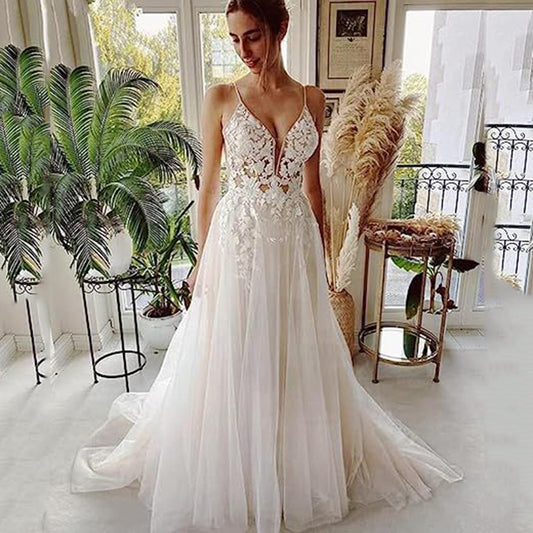 Women's Wedding Dress Lace Strap Backless