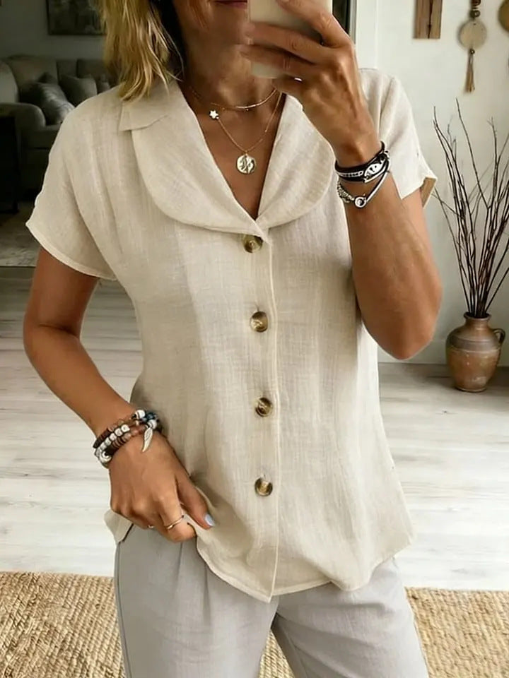 Womens Button-Down Loose Solid-Colored Short-Sleeve Shirt