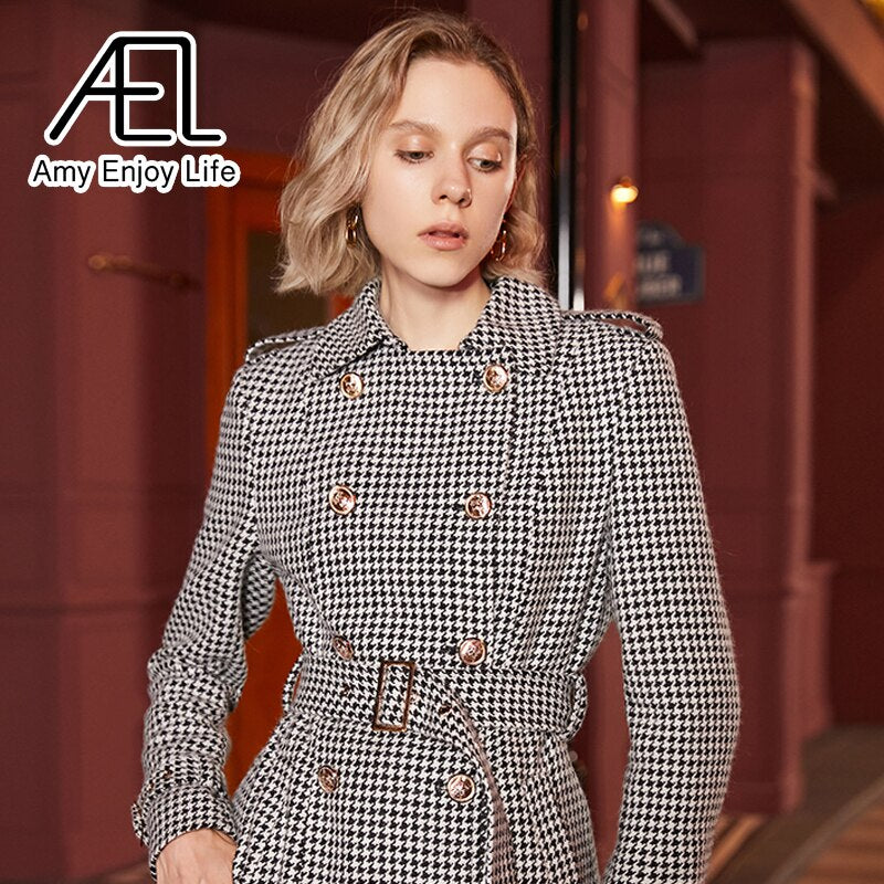 Winter Wool Long Coat Women Retro Houndstooth A-Line Trench Coats