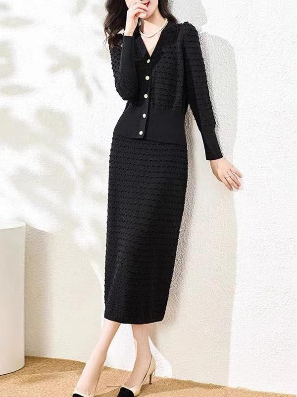 Runway Autumn Winter Skirts Suit Women V -neck Long sleeve Single buckle Shirt＋Pencil Skirt Fashion Knit Two Pieces Set