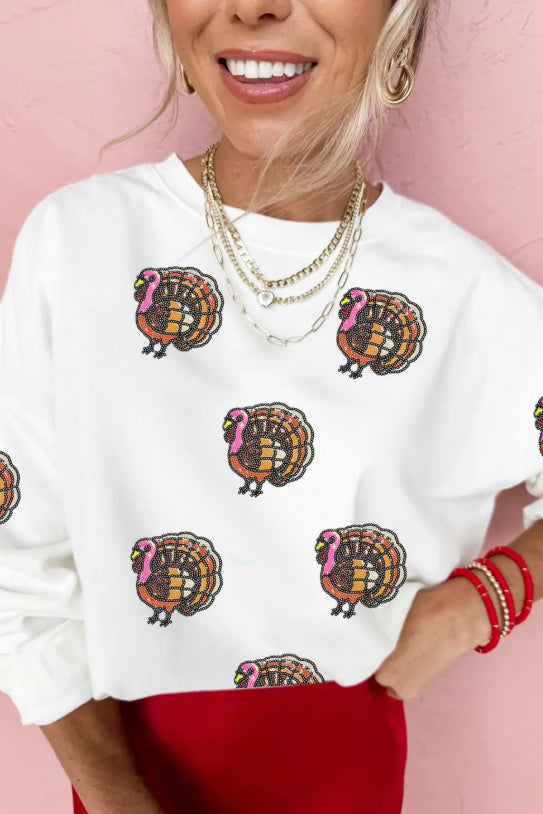 White Thanksgiving Turkey Sequin Patched Pullover Sweatshirt