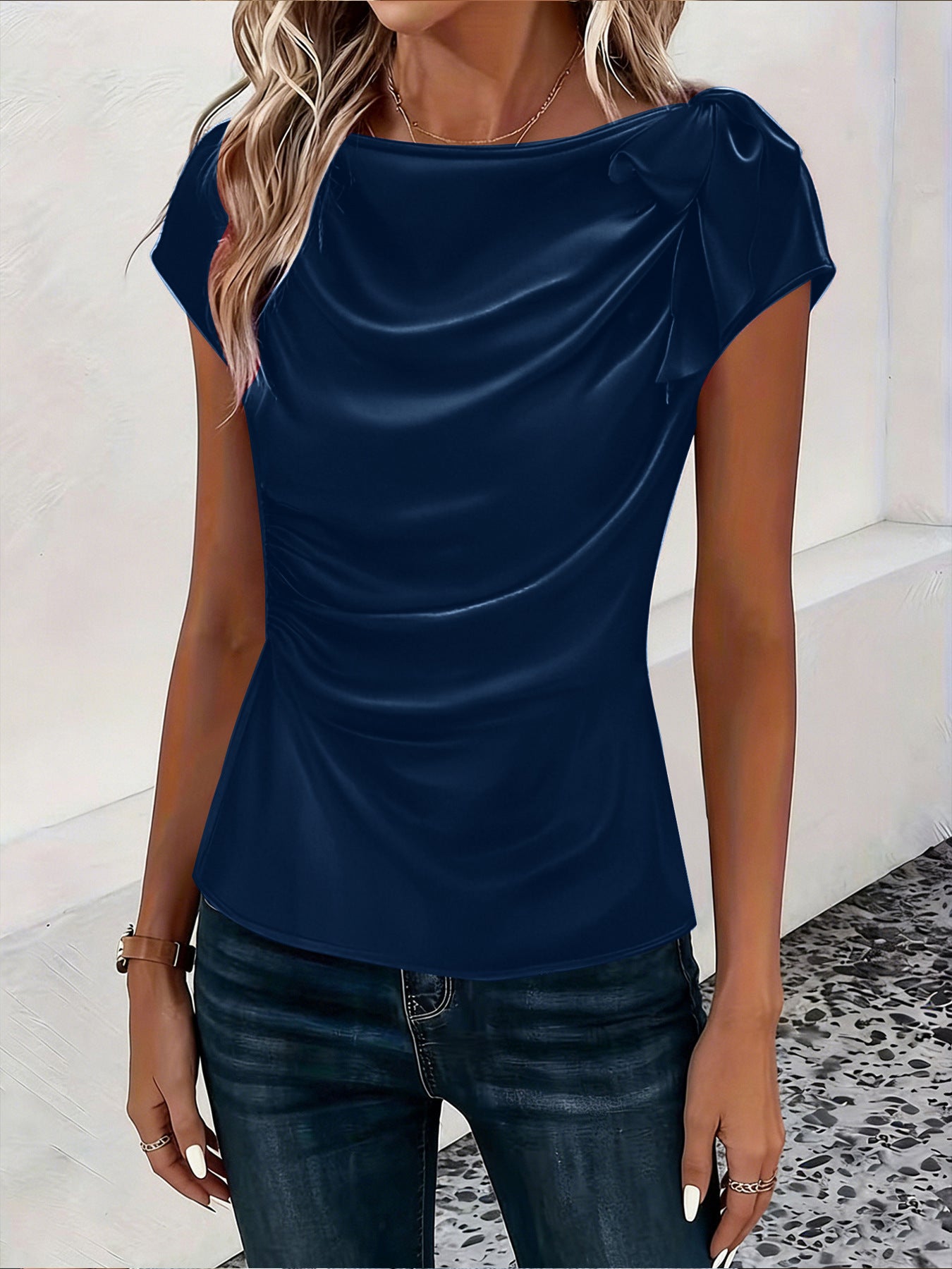 Solid-color Satin Faux-silk Off-the-shoulder Sleeveless Work Top