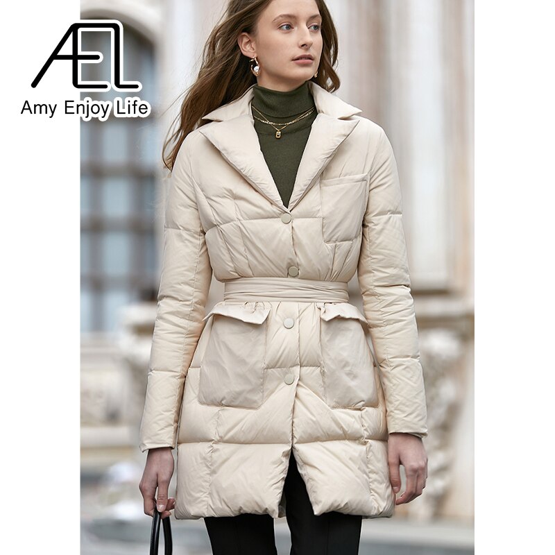 Medium Length Temperament Slim Down Jacket Women's New Suit Collar Waist Cotton Jacket