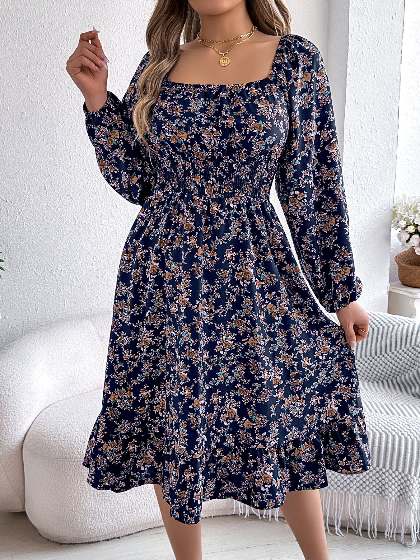 Women's Elegant Floral Square Neck Long Sleeve Waist-Defined Hem Ruffle A-Line Dress