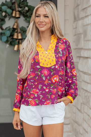 Rose Contrast Placket Split V Neck Floral Blouse