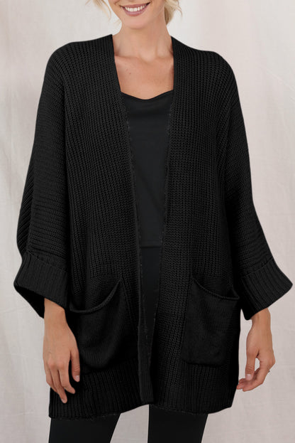 Black Batwing Sleeve Pocket Oversized Cable Knit Cardigan