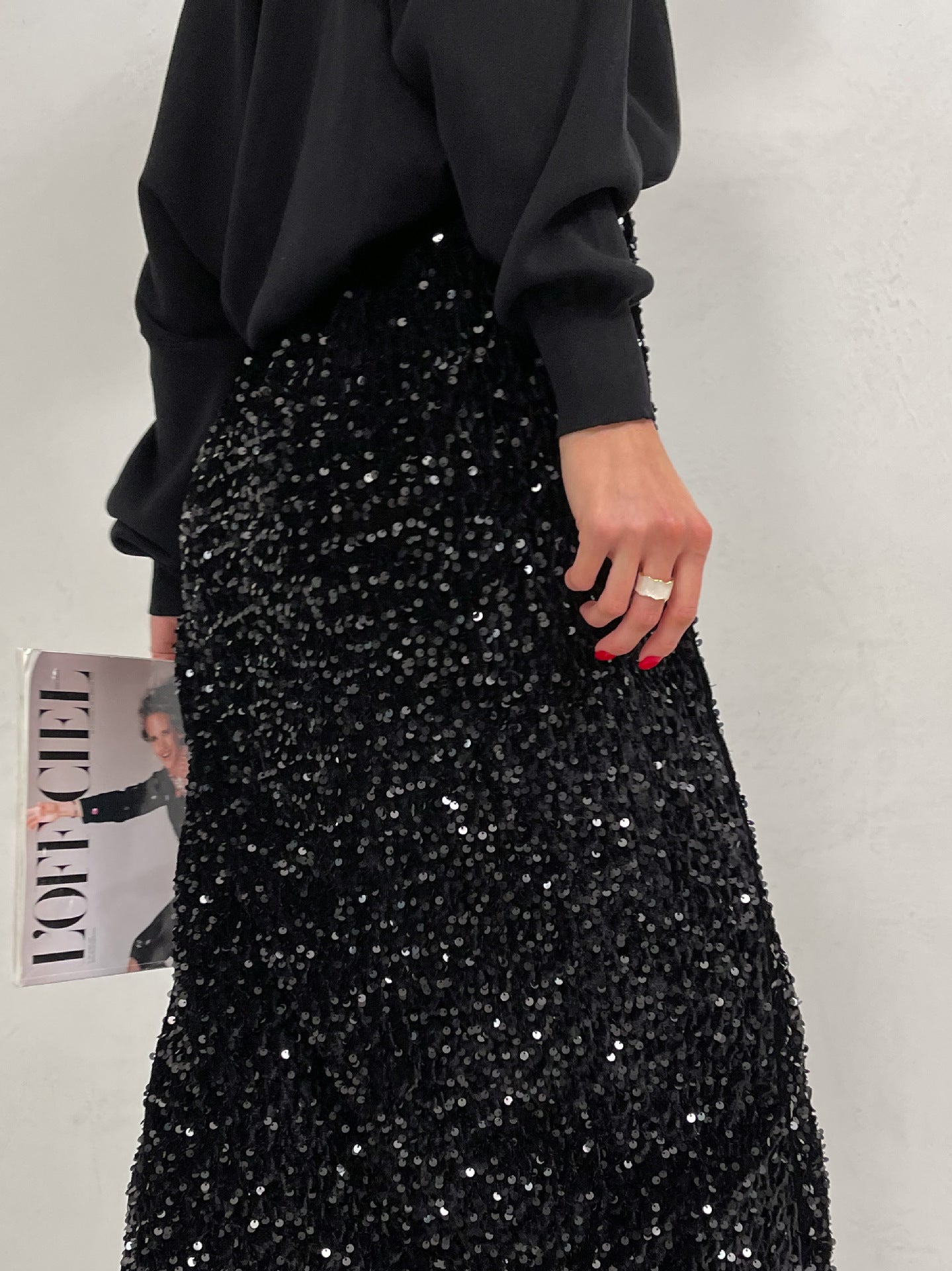 Sequins Skirt Party Sheath High Waist Slit Midi Skirt