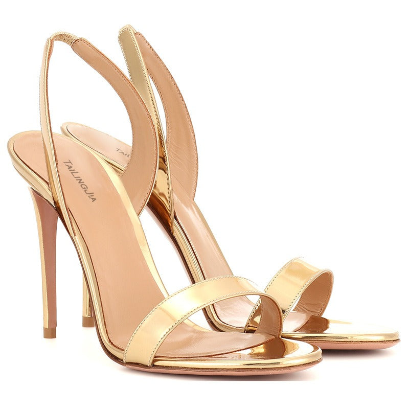 European and American women's fashionable and elegant oversized gold black open toed high heeled sandals