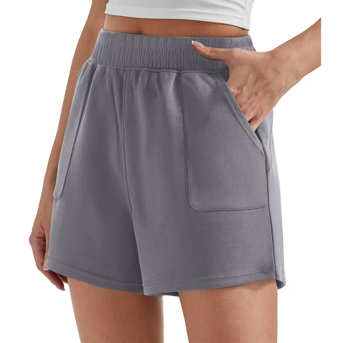 Cream Loose Waist Solid Color Sports Shorts