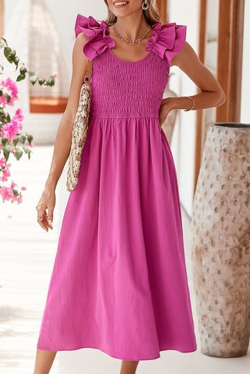 Rose Red Crinkled Ruffle Strap Smocked Midi Dress
