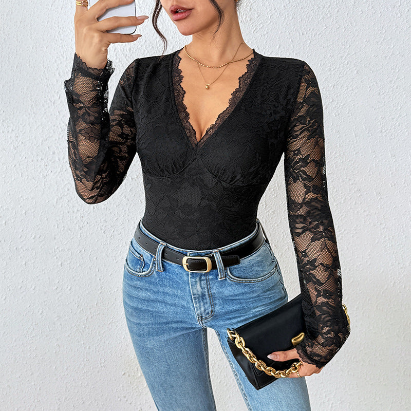 Black Lace Bodysuit With A Hollowed-out Back And V-neck