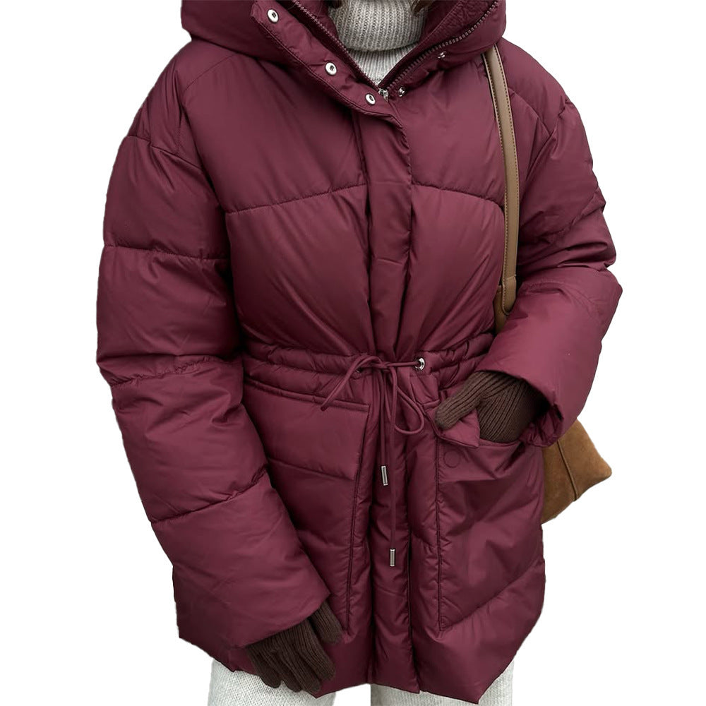 Wine Red Hooded Cotton Jacket Lace-up Waist Zipper Bread Thermal Cotton-padded Coat