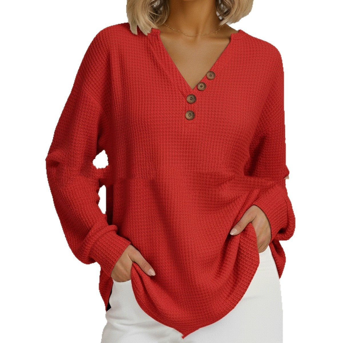 Casual Comfortable Loose Waffle Long Sleeve V-neck Women's Top