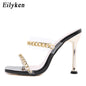 Sexy Transparent PVC Slippers Summer Thin High Heels Fashion Chain Design Slip On Square Toe Mules Slides Women Shoes