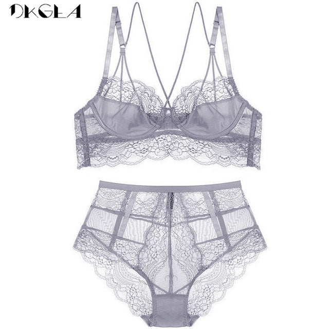 New High Waist Gray Bra Embroidery Lingerie Sets Fashion Brassiere Transparent Black Deep V Lace Underwear Women Bra Set